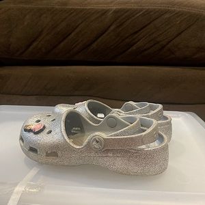 Silver sparkly crocs with princess jibbitz